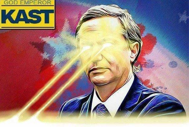 Ilustración estilo póster político de un candidato con rayos láser en los ojos
