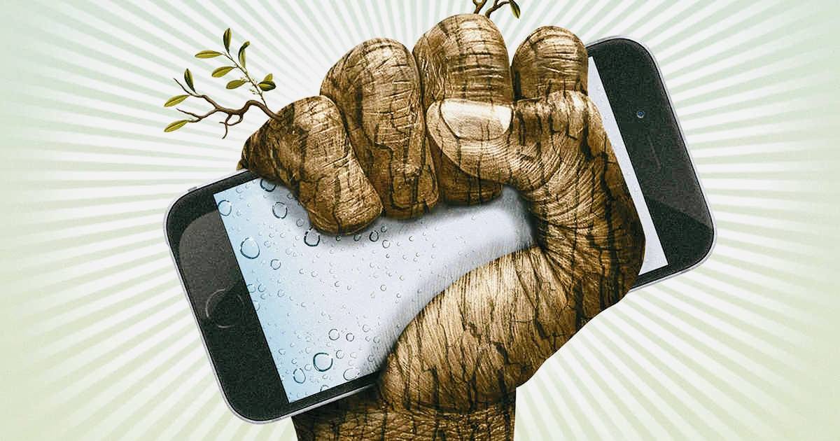 Ilustración de un puño de tierra sosteniendo un teléfono