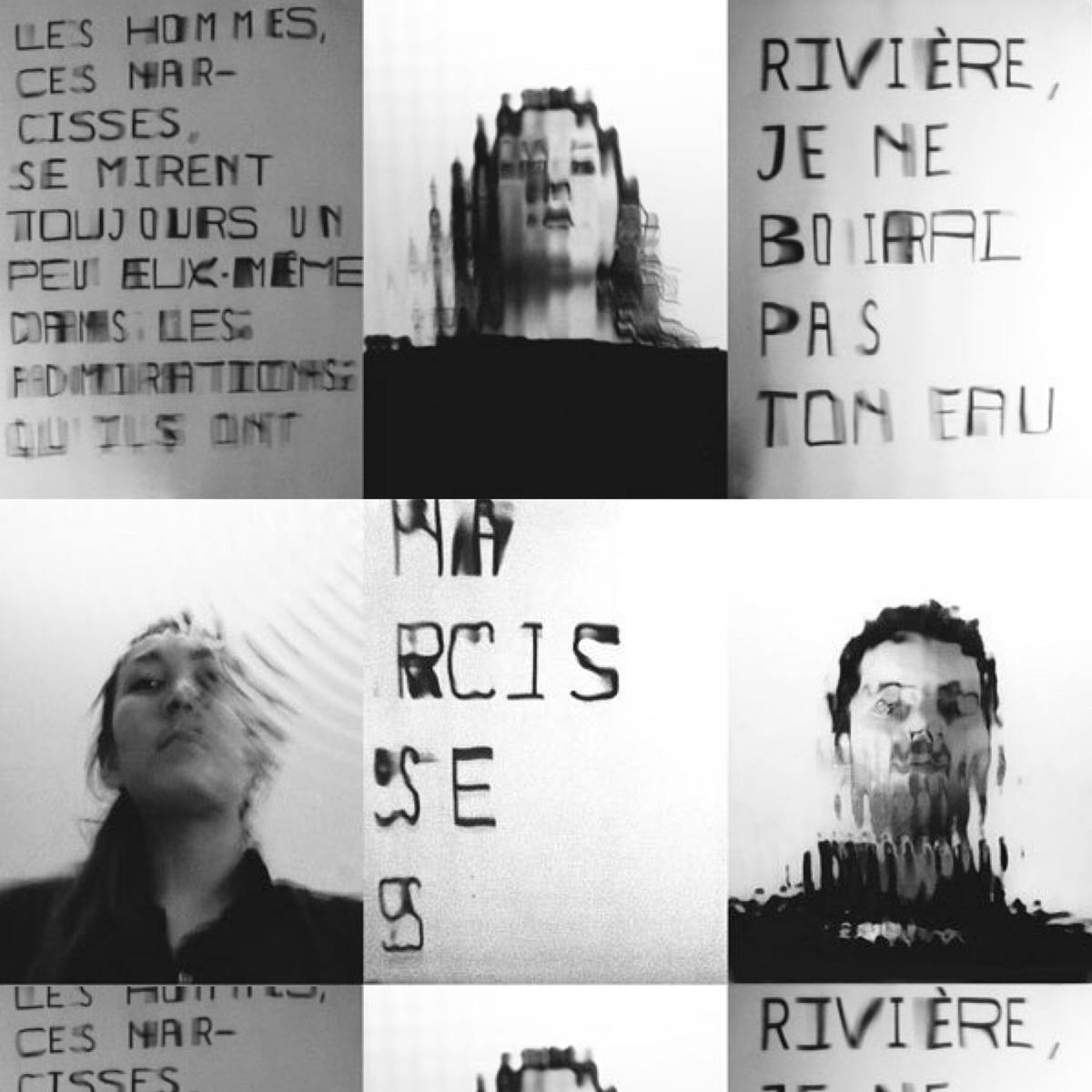 Colage en blanco y negro de rostros distorsionados y texto tipo máquina de escribir