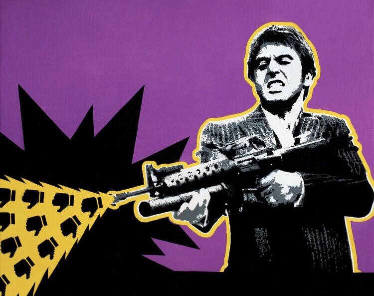 Ilustración pop art de un hombre disparando iconos de pulgar abajo