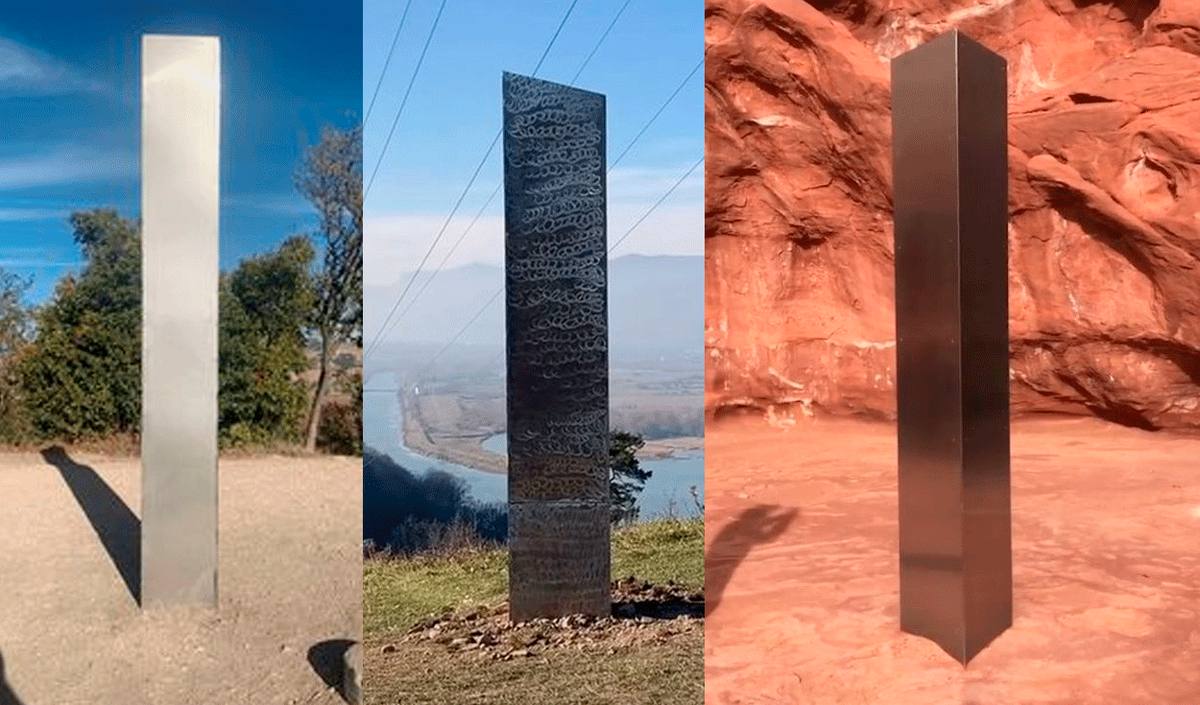 Tres monolitos metálicos en distintos paisajes